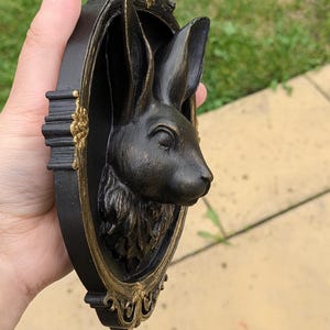 Peut inclure: Sculpture murale t&ecirc;te de lapin noire et dor&eacute;e. La t&ecirc;te de lapin est dans un cadre ovale avec des d&eacute;tails dor&eacute;s. La sculpture est tenue dans une main sur un fond d'herbe verte et d'un patio en pierre.