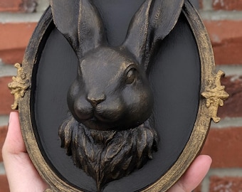 Black Gothic Rabbit Wall Plaque – Creepy Cute Hare Bust in Ornate Frame | Dark Home Decor