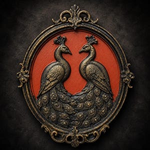 Op de afbeelding: Een ovaal wandbord met twee in reliëf uitgevoerde pauwen die naar elkaar toe kijken. De vogels hebben een donkere, metallic bronzen afwerking met gestructureerd verenkleed. Ze zijn geplaatst tegen een levendige, oranje achtergrond in een sierlijke lijst.