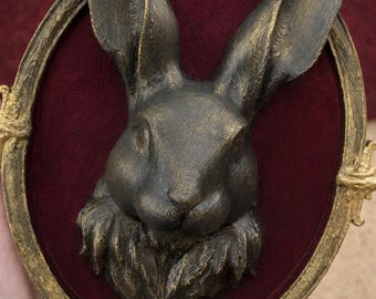 Maroon Gothic Rabbit Wall Plaque – Creepy Cute Hare Bust in Ornate Frame | Dark Home Decor