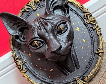 Gothic Sphinx Cat Wall Plaque: Black & Gold Occult Decor