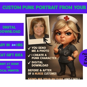 Artistas de IA, Retrato Punk Mini-Me Personalizado – Seu Rosto como um Desenho Animado Atrevido e Rebelde | Download Digital 3D Chibi, Retratos de IA, Arte de IA