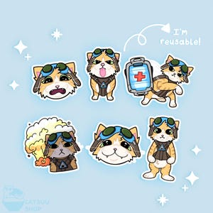 May include: A set of six vinyl stickers featuring a cartoon orange tabby cat wearing aviator goggles and a harness. The cat is depicted in various poses, including with a medical kit, an explosion, and different facial expressions. Text reads I'm reusable.