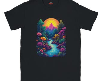 Vibrant Mountain River Floral T-Shirt, Sunset Landscape Nature Tee