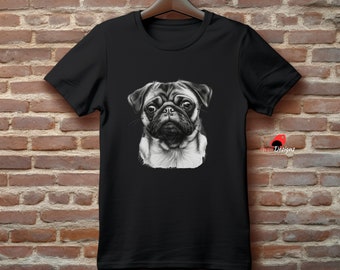 Realistic Pug Portrait T-Shirt: Black & White Dog Lover Tee