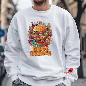 Vector Style Binge Burger Sweatshirts – Trendy Fast Food Graphic Hoodies for Men and Women – Funny Foodie Gift Apparel, Burger Sweatshirts