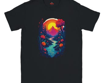 Mountain Sunset Floral T-Shirt: Vibrant Landscape Nature Tee