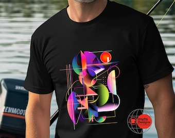 May include: Black t-shirt featuring a vibrant geometric design with shapes in shades of purple, pink, green, and orange. The design includes a red circle and linear elements. The shirt has a crew neck and short sleeves. The logo "myts Designs" is in the lower right corner.