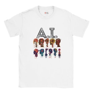May include: White t-shirt with the letters "A.I." in grey, above a row of colourful robot head illustrations. The heads have diverse designs and colours, with a vintage, mechanical style.
