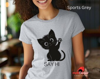 Schwarze Katze T-Shirt: Winkendes Kätzchen Grafik, Katzenliebhaber Geschenk