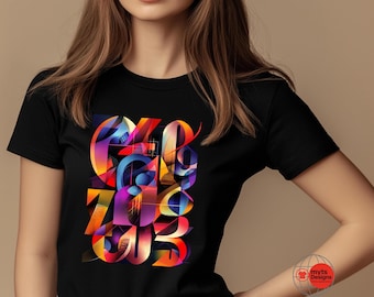 May include: Black t-shirt with a vibrant, abstract design in shades of orange, purple, blue, and yellow. The graphic features stylized numbers and shapes. The shirt is made of a soft material.