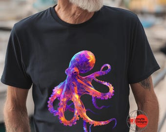 Neon Geometric Octopus T-Shirt – Vibrant Abstract Sea Life Tee | Unique Ocean Graphic Shirt | mytsdesigns