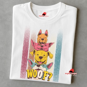 Woof! Stacked Cartoon Puppies T-Shirt for Dog Lovers Retro Style