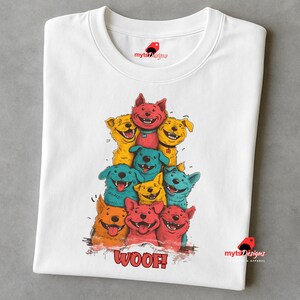 Woof! Stacked Cartoon Puppies T-Shirt for Dog Lovers