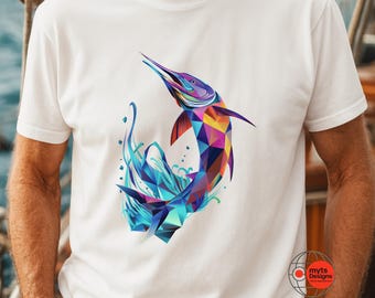 GEOMETRIC MARLIN JUMP – Modern Abstract Ocean Fishing T-Shirt