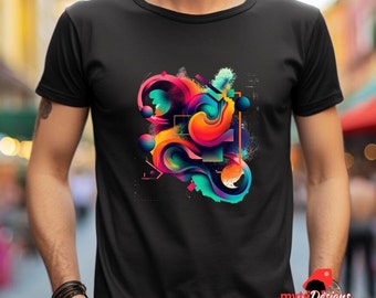 May include: A black t-shirt with a colorful abstract design featuring swirls, geometric shapes, and splashes of color.