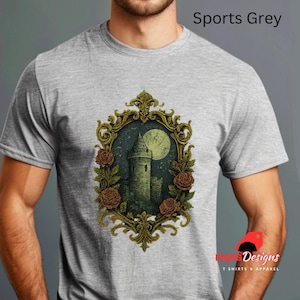 Castle Moon T-Shirt | Gothic Fantasy Tower Under Moonlight | Unisex Gildan Sports Grey Tee by MytsDesigns
