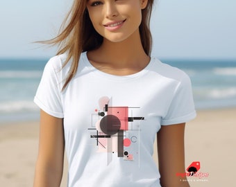 Camiseta com design geométrico, camiseta gráfica minimalista, camisa de arte moderna, top com padrão abstrato, moda casual