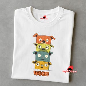 Woof! Stacked Cartoon Puppies T-Shirt for Dog Lovers
