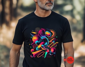 May include: Black t-shirt featuring a vibrant, abstract design with neon colors. The graphic includes geometric shapes, gradients, and a mix of pink, blue, yellow, and green hues. The design is centered on the shirt.