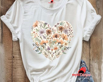 Camiseta con flores y corazón de flores: camiseta vintage con estampado floral de corazón para mujer