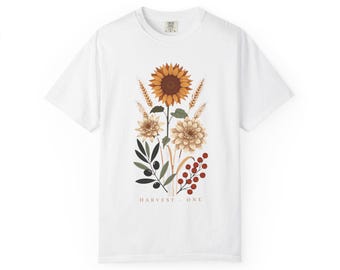 Harvest One Floral T-Shirt, Sunflower Wildflower Tee, Autumn Botanical Shirt, Cottagecore, Comfort Colors Shirt