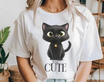Flauschiges schwarzes Katzen T-Shirt - Kätzchen Cartoon T-Shirt