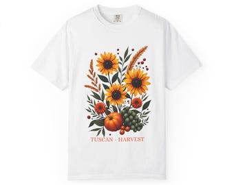Tuscan Harvest T-Shirt, Autumn Sunflower Botanical Graphic Tee
