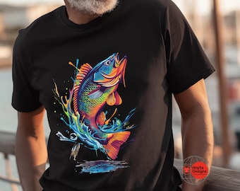 Buntes Bass Fish Graphic T-Shirt, Unisex Angeln-T-Shirt