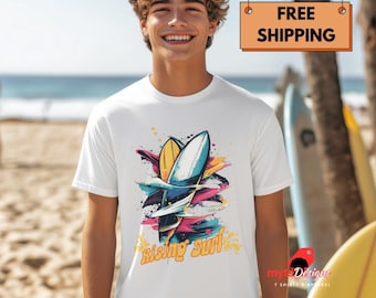 Rising Surf T-Shirt: Retro Surfboard Graphic Tee - Coastal Beachwear