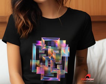 May include: Black t-shirt featuring a geometric design with iridescent colors. The design is composed of overlapping rectangular shapes in shades of purple, blue, yellow, and green. The shirt has a crew neck and short sleeves. The brand name "mytsDesigns" is printed on the bottom right.