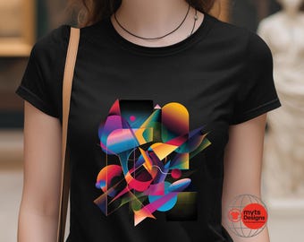 May include: Black t-shirt featuring a vibrant, abstract geometric design in shades of blue, pink, yellow, and green. The design includes shapes and lines, creating a modern and colorful graphic. The shirt has a crew neck and short sleeves. The logo "myts Designs" is on the bottom right.