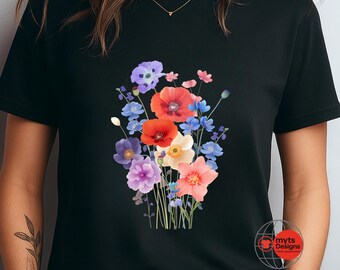Poppy Floral Bouquet T-Shirt – Minimalist Wildflower Graphic Tee