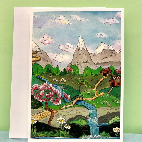 Landscape Greeting Card with Original Watercolor Painting Print- 5x7 folding blank notecard with Mountains, Cherry Blossom Tree, &Waterfall.