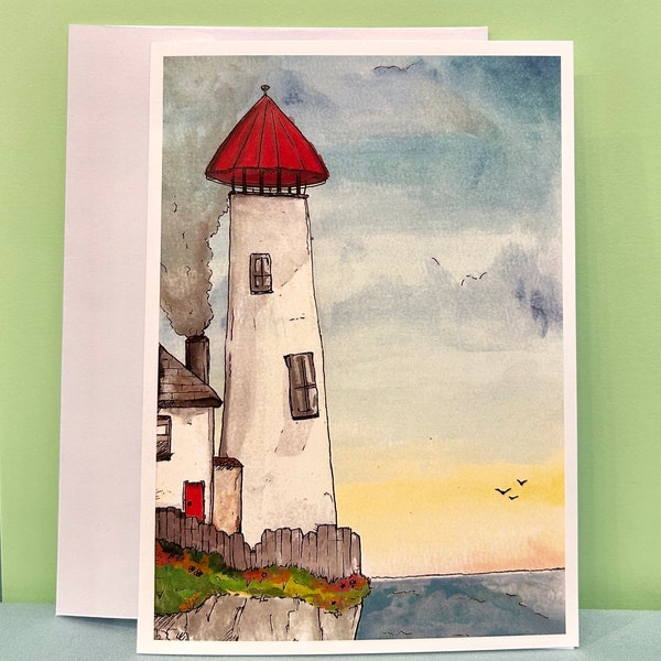 Lighthouse Greeting Card with Original Watercolor Painting Print- 5x7 folding blank notecard with Landscape, Ocean, Sunset, Cottage,& Birds