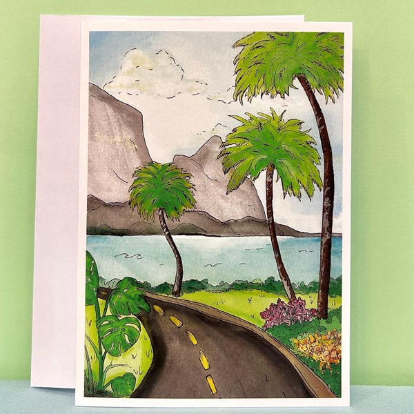 Tropical Greeting Card with Original Watercolor Painting Print- 5x7 folding blank Hawaii Beach Palm Tree Landscape card