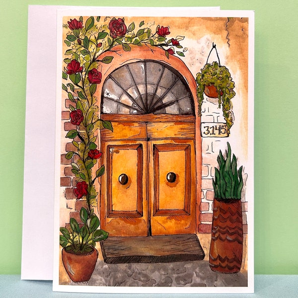 Door Greeting Card with Original Watercolor Painting Print- 5x7 folding blank notecard with Potted Plants, Vines, Roses, for House Warming