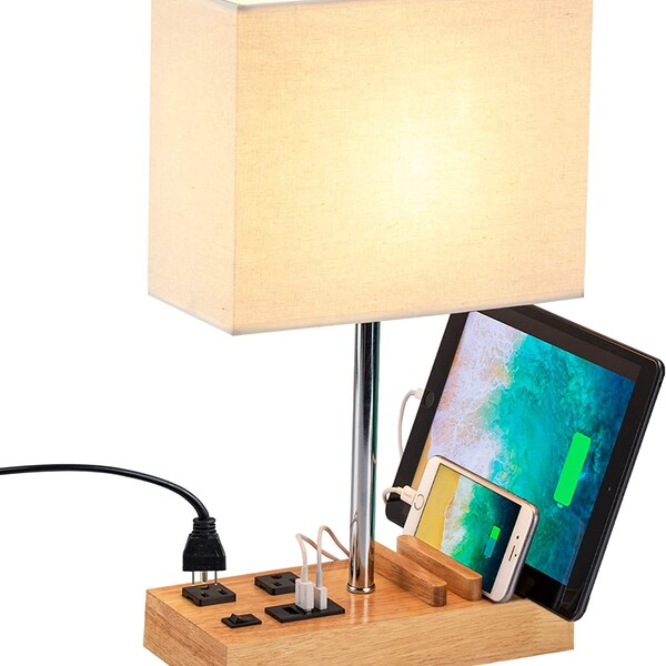 Desk Lamp with 3 USB Charging Ports, Table Lamp with 2AC Outlets and 3 Phone Stands, Nightstand Bedside Lamp with Natural Wooden Base.