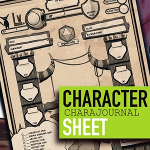 May include: A character sheet for a role-playing game, with a brown background and a green title bar that reads "Character CharaJournal Sheet". The sheet has sections for character information, including race, alignment, class, background, armor class, inspiration, and stats like strength, dexterity, constitution, intelligence, wisdom, and charisma.