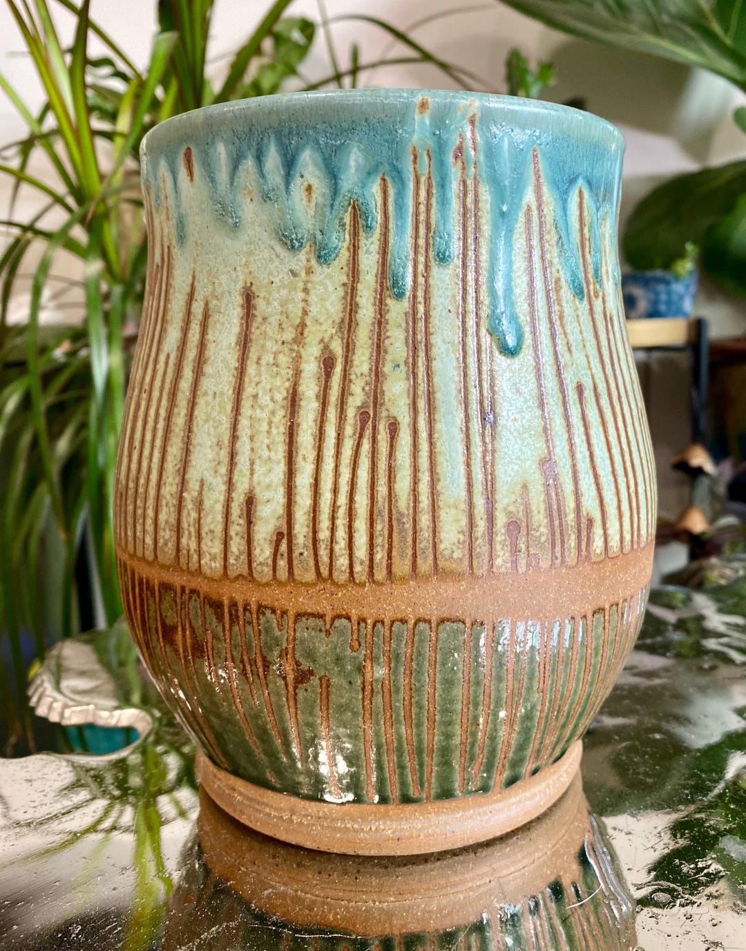 Vintage Hand Thrown Signed Drip Glaze Clay Pottery Piece Earthy Teal ...