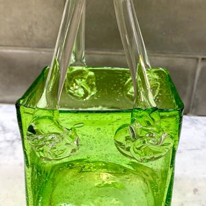 Charming Murano Style Hand Blown Vibrant Green Bubble Glass Purse Vase 6.5&quot;