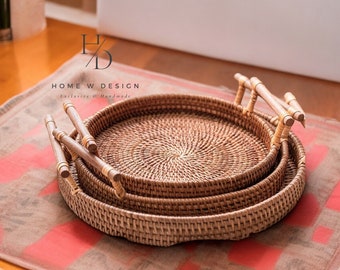 Vassoio cesto in rattan intrecciato a mano, vassoio portaoggetti in rattan, vassoio da portata per cena, arredamento da cucina, regalo per la casa, arredamento per la casa