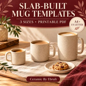 Può includere: Modelli per tazze in ceramica in formato PDF stampabile A4 e US Letter. L'immagine mostra tre tazze in ceramica beige maculata di diverse altezze riempite di caffè, accanto a un piattino con un biscotto e del testo.