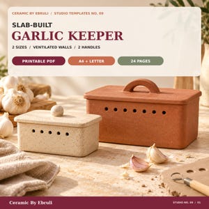 May include: A printable PDF template for a slab-built garlic keeper by Ceramic by Ebruli, Studio Templates No. 09. Includes 24 pages for A4 and Letter sizes, featuring instructions for two sizes of rectangular containers with ventilated walls.