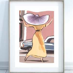May include: A woman in a yellow dress and a large white and purple hat walks down a street. She is holding her arms out to the side, as if she is dancing. A blue car is parked in the background.