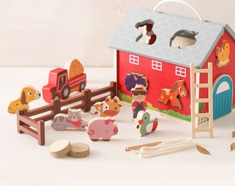 Montessori Wooden Barn For Kids, Toddlers Educational Toys, Baby Farm Toy Set, Pretend Play Baby Gift, Children's Toys, Gift for Kids
