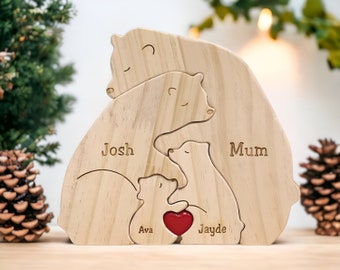 Puzzle de famille en bois avec ours, nom de famille gravé, cadeau de fête des mères, cadeau souvenir de famille, cadeau pour les parents, décoration d'intérieur de famille, pour enfants