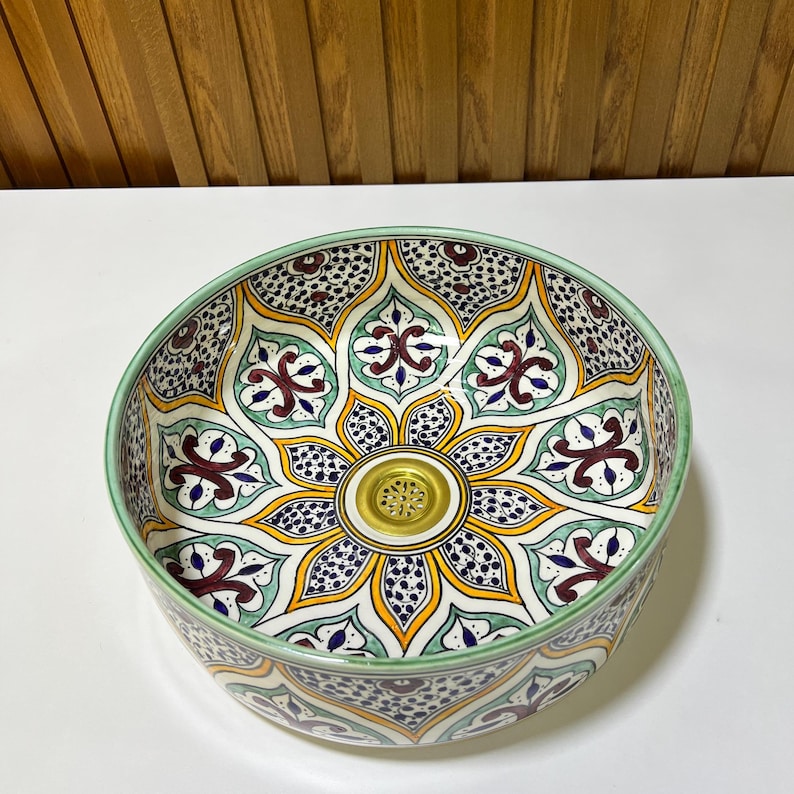 Moroccan ceramic sink-Hand-Painted Ceramic Bathroom Sink-Custom Made Moroccan-Pottery Sinks From Morocco-Bathroom Decor-Free gift image 3