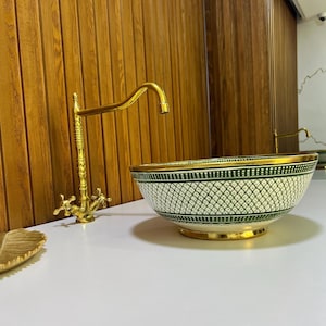 Handmade Moroccan Ceramic Sink with Brass Rim: Custom Green Bathroom Basin