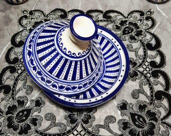 Blue Moroccan Tagine | Hand-Painted Ceramic Serving Dish | Blue Conical Lid